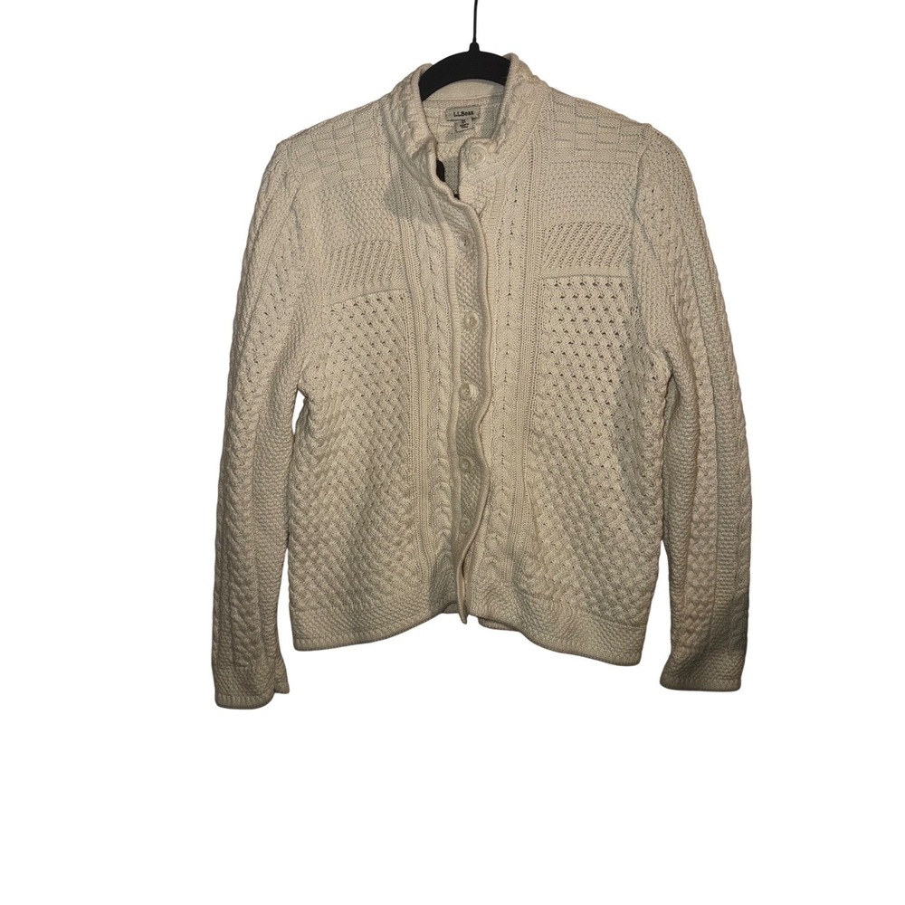 LL Bean Womens PM Cream Cable Knit Button Front Cardigan Sweater Mock Neck